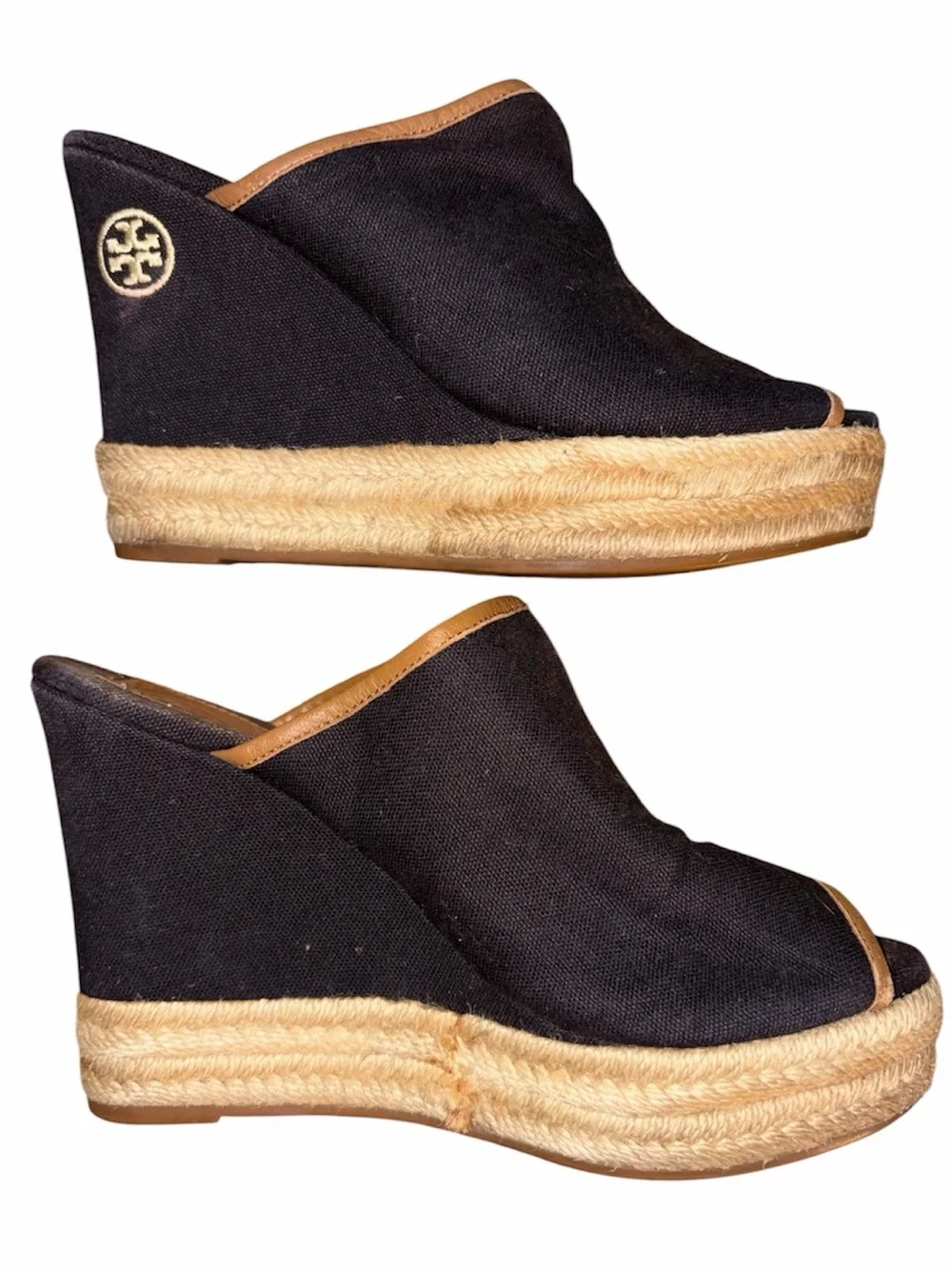 Tory Burch Black Canvas Espadrille Peep Toe Wedge Mules 5.5